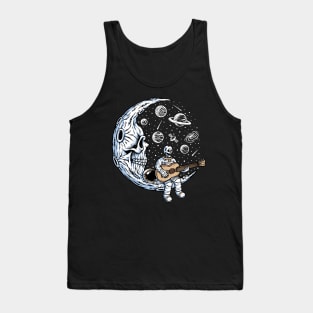 Funny Skeleton Astronaut Playing Guitar on Dead Moon Tank Top